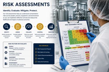 Scientist reviewing a risk assessment matrix in a lab environment.