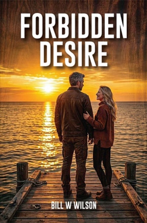 A couple standing on a dock at sunset, title reads Forbidden Desire.