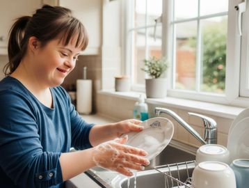 A woman happily washing dishes in a bright kitchen.
