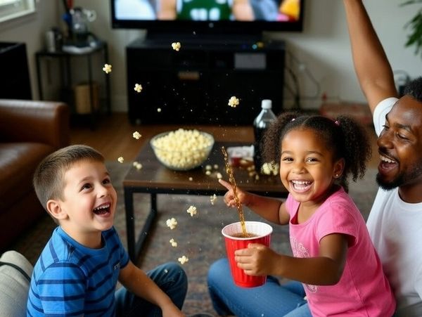 Family enjoying a fun movie night with popcorn and soda spills.