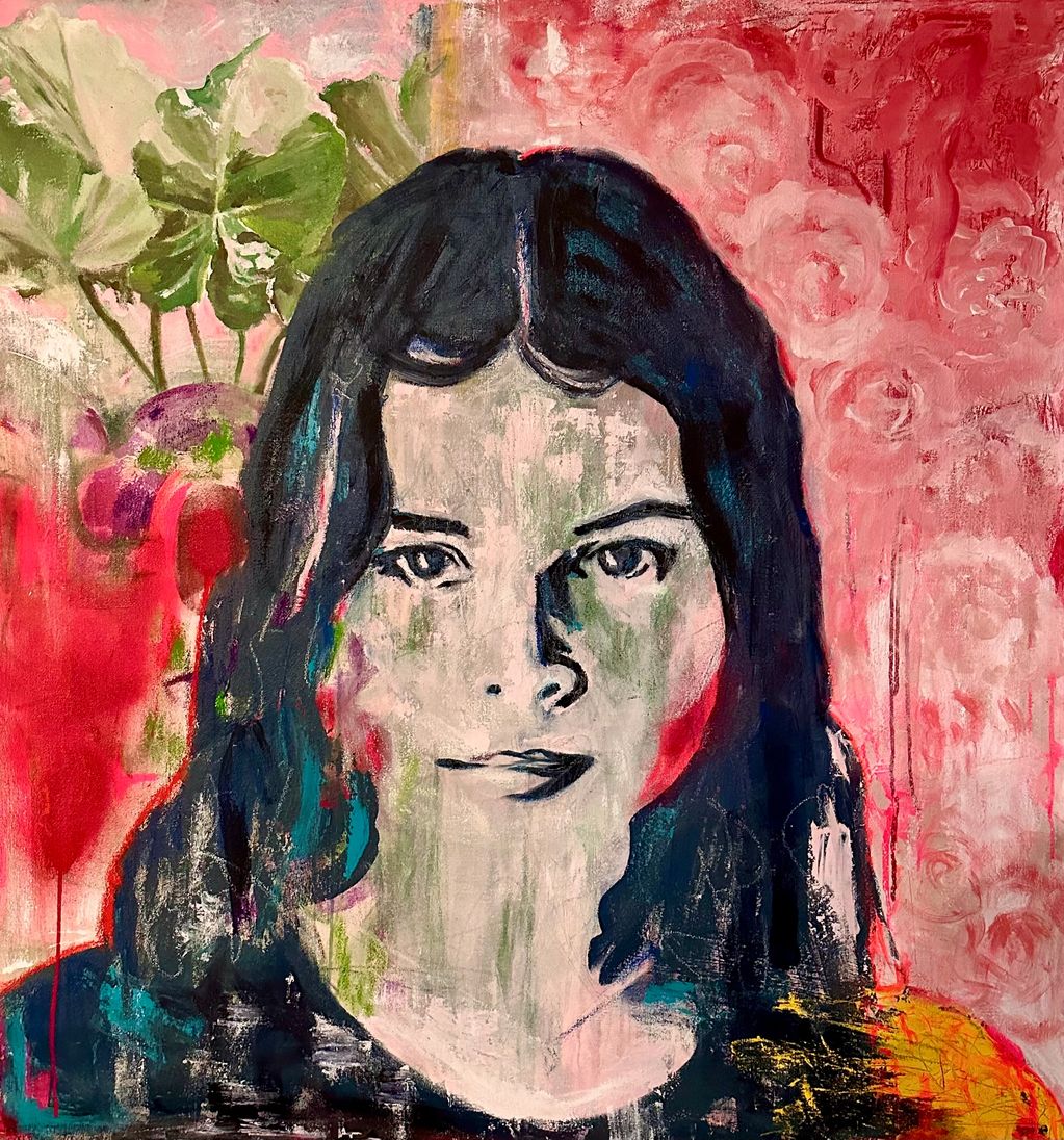 Abstract portrait of a woman with dark hair against a red and green background.