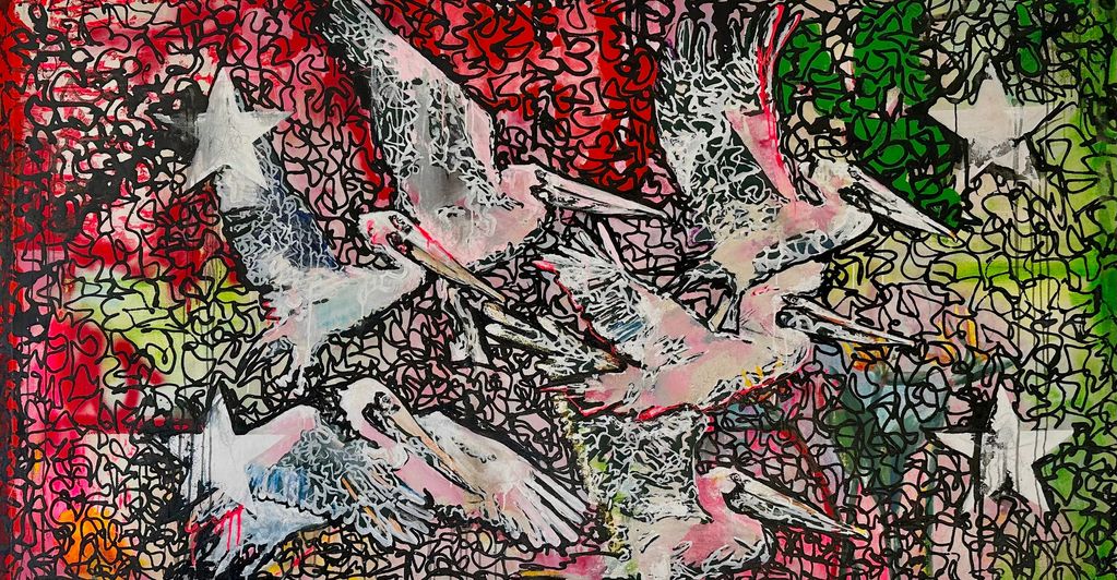 Abstract mural featuring pelicans and stars over a colorful, textured background.