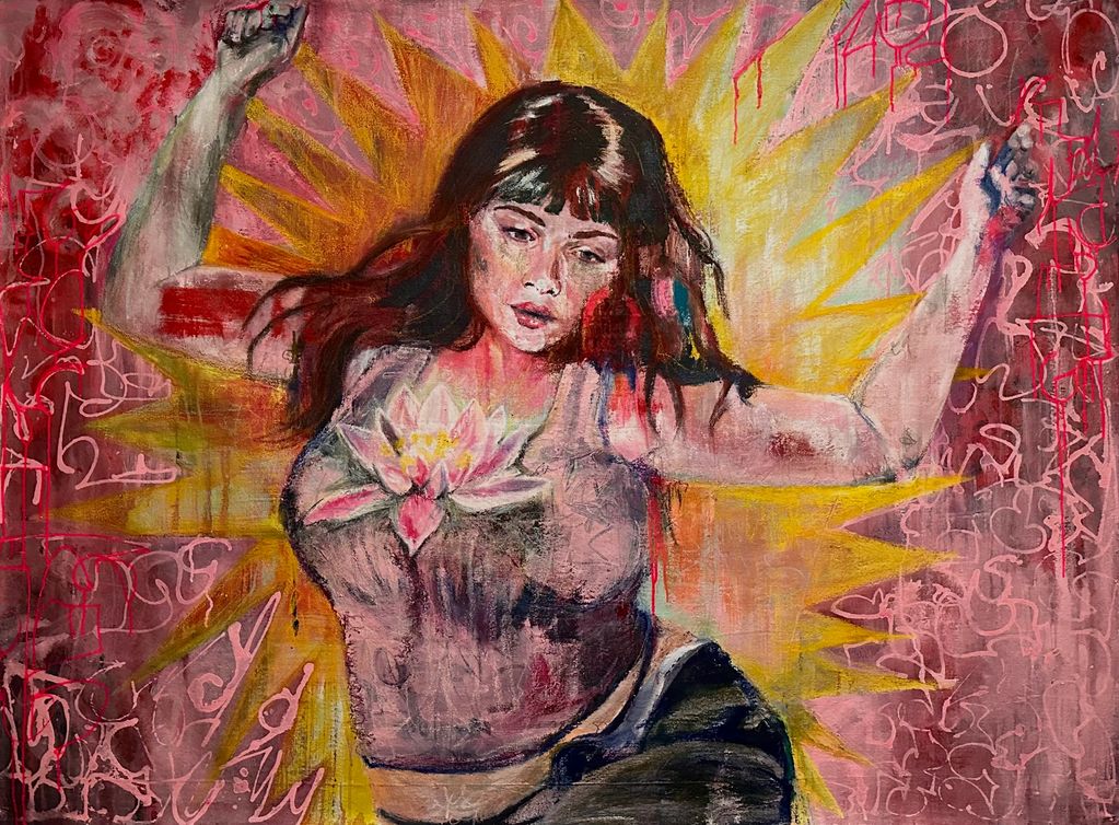 Painting of a woman with a lotus on her chest surrounded by vibrant yellow sun rays.