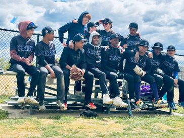Youth baseball team sitting on bleachers, wearing matching uniforms and caps.