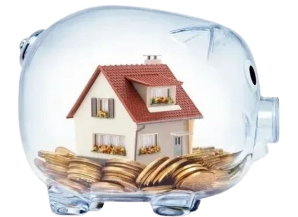 House on money inside transparent piggy bank with clipping path