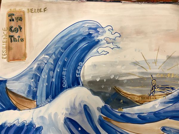 Painting of person in boat with large waves, words explaining feelings.