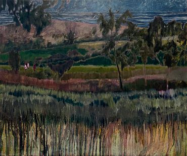 A textured painting of a lush landscape with trees and fields under a cloudy sky.