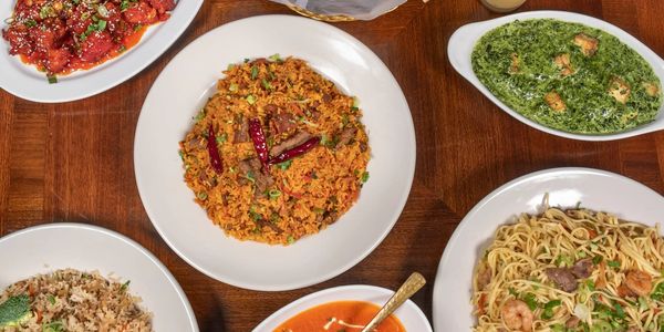 Fried Rice, Butter Chicken, Fried Noodles, Sesame Chicken, Garlic Naan, Mango Lassi, Saag Paneer