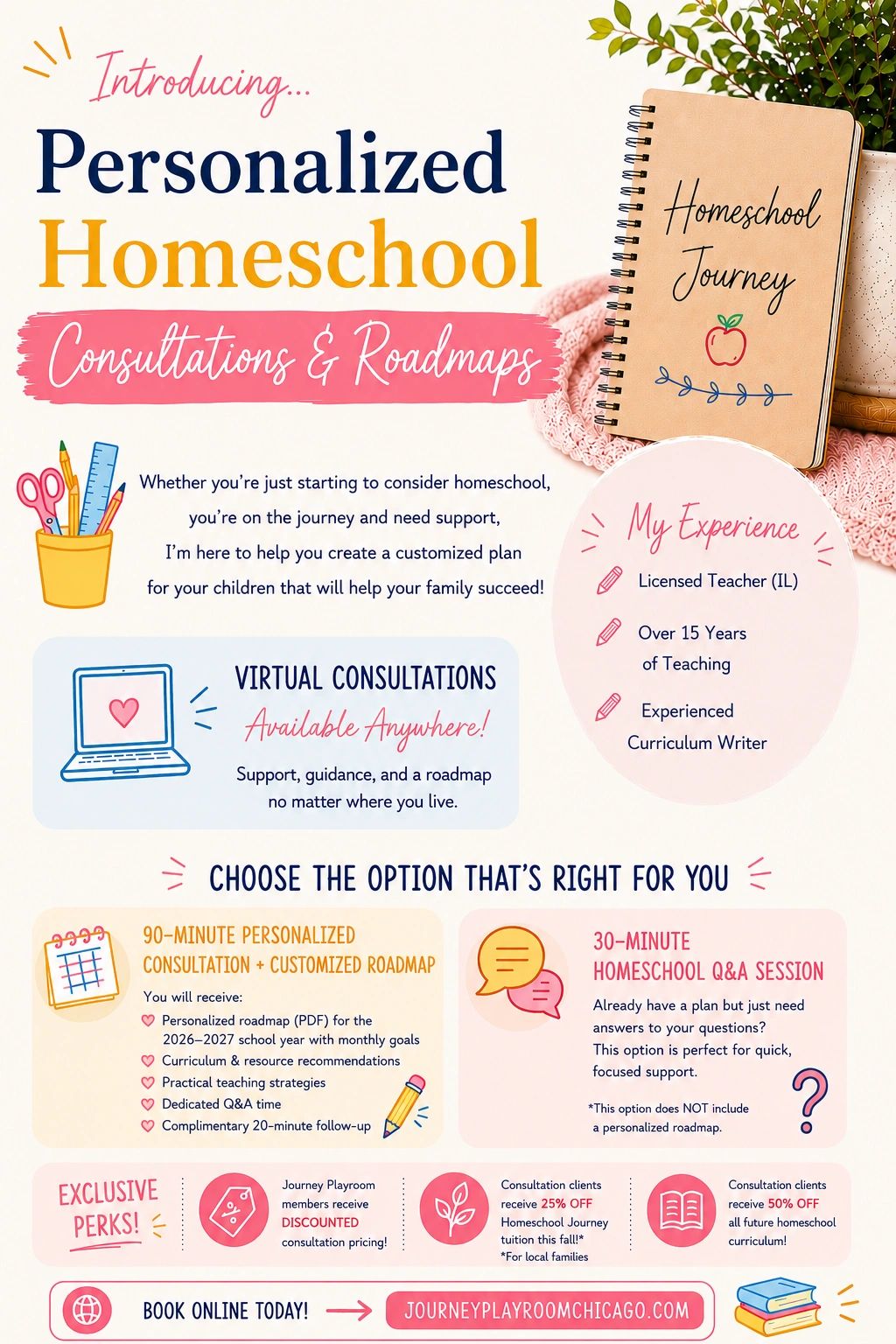 Personalized homeschool consultations and roadmaps with virtual support and expert guidance.