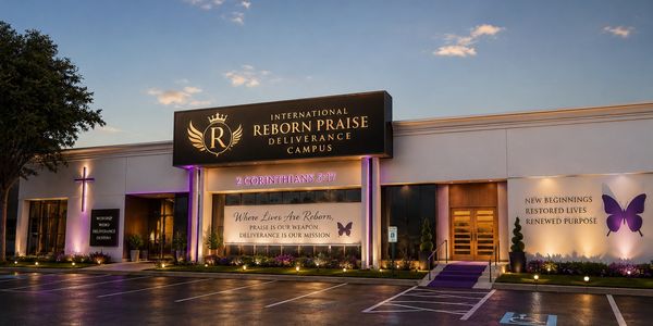 Exterior of International Reborn Praise Deliverance Campus at dusk.