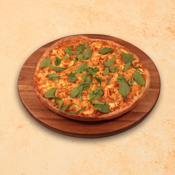 Garlic prawn pizza with baby spinach, tomato and mozzarella