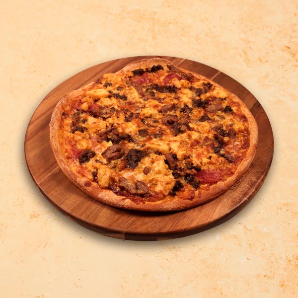 Meat lover pizza with pepperoni, beef mince, chicken and lamb