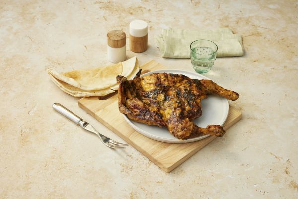 Whole charcoal chicken with Lebanese bread and garlic sauce