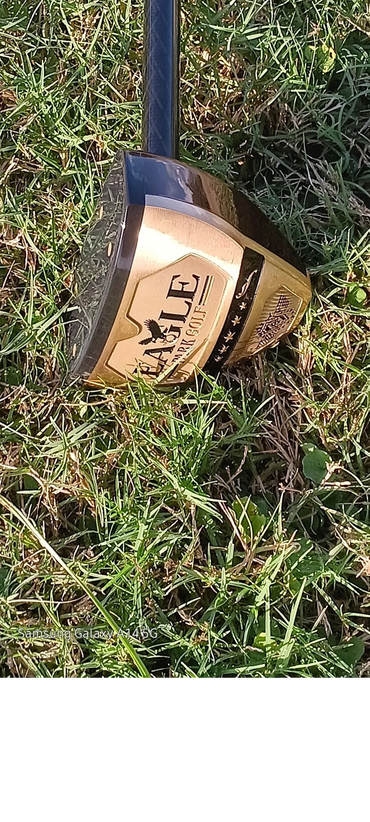 Close-up of an Eagle golf club on green grass outdoors.