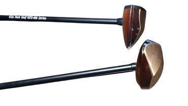Two wooden head GTS-400 park golf  clubs with black shafts and polished full coverage brass plate