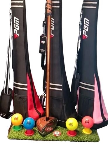 Park Golf clubs with colorful balls and black PGM bags.