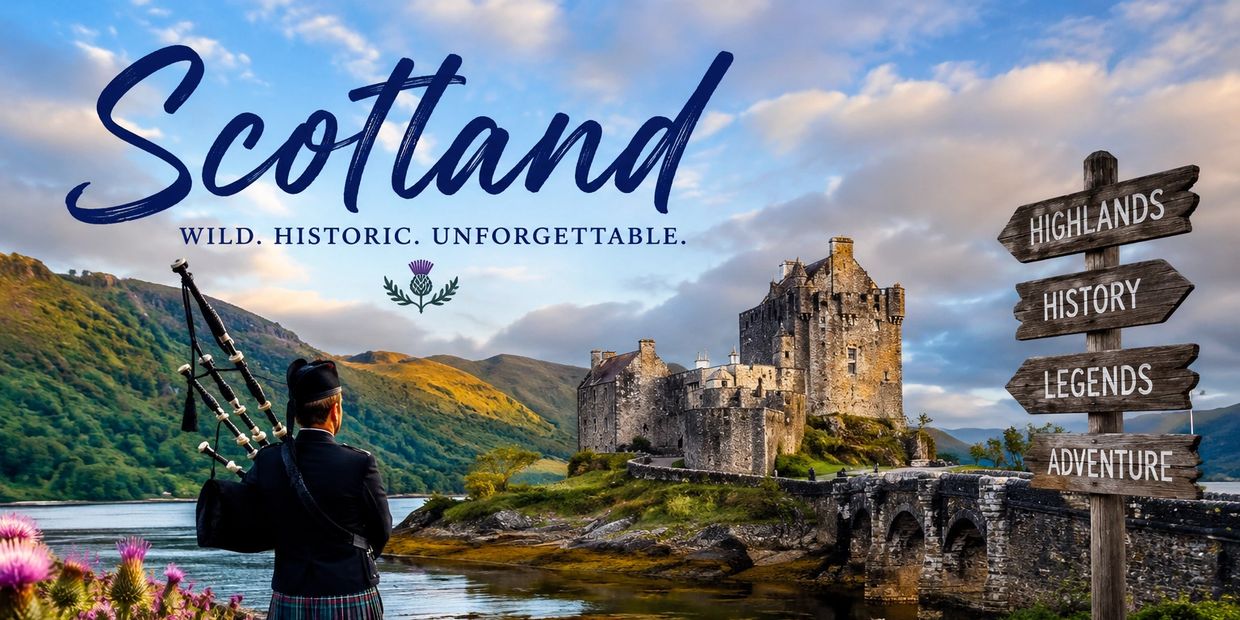 Scenic Scottish Highlands with castle, bagpiper, and directional sign.