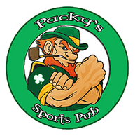 Logo of Packy's Sports Pub featuring a muscular leprechaun.