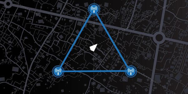 Map showing a triangular network of connected signal towers.