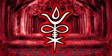 A glowing white symbol overlays a red forest path with arching trees.