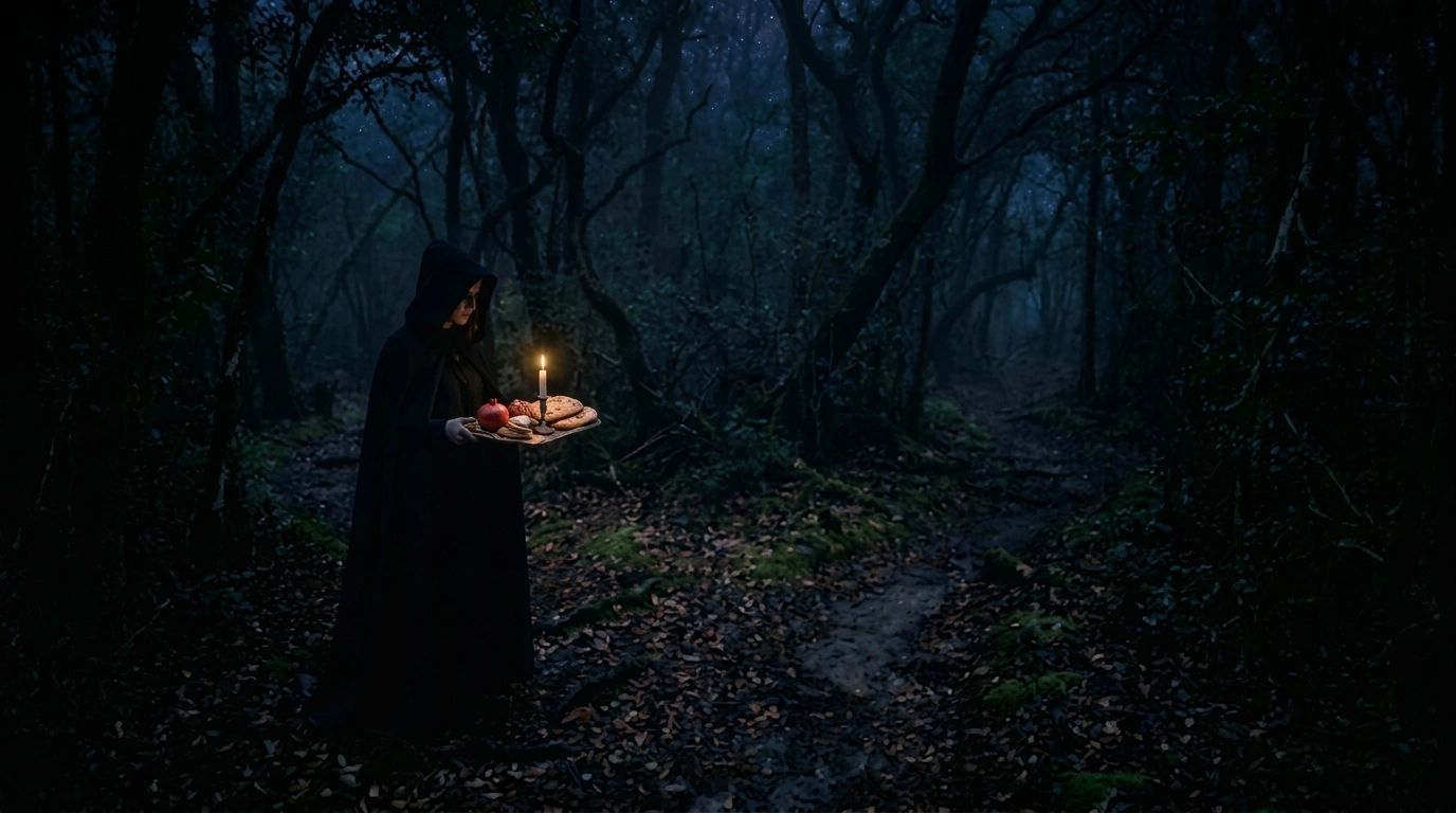 A cloaked figure holds a candlelit tray in a dark forest at night.