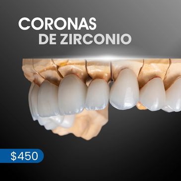 Zirconia dental crowns displayed with price $450.