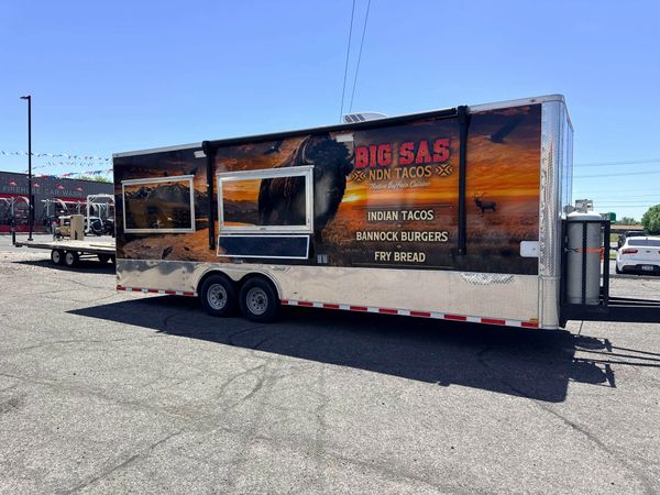 Food truck offering Indian tacos, bannock burgers, and fry bread.