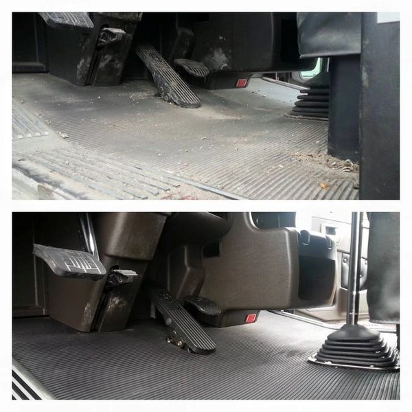 Before and after cleaning of a vehicle's dirty footwell area.