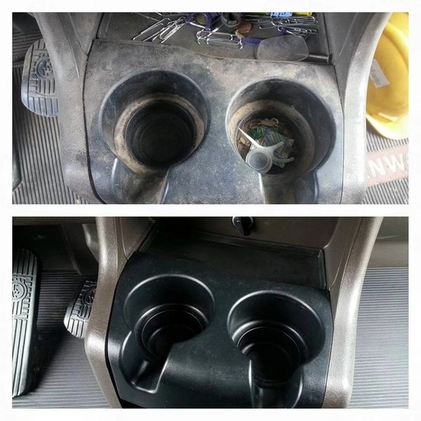 Dirty and clean car cup holders side by side.