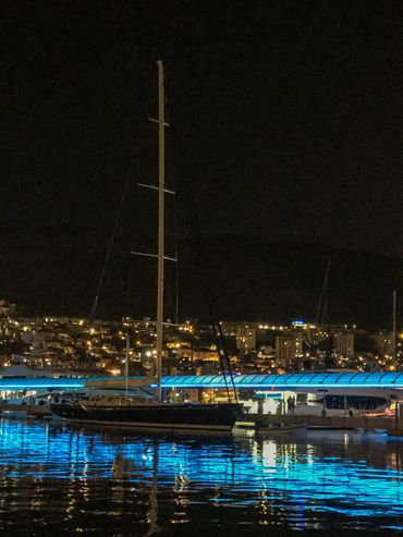 A large sailboat in the harbor at Dubrovnik.