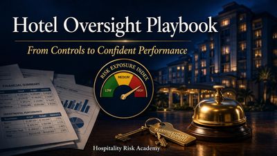 Hotel Oversight Playbook with Risk Exposure Index and performance charts.