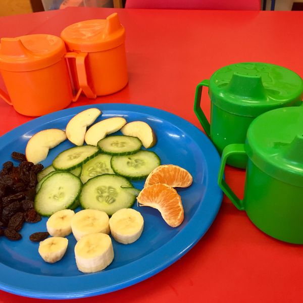 Snacks and water ready to be given out at toddler group.