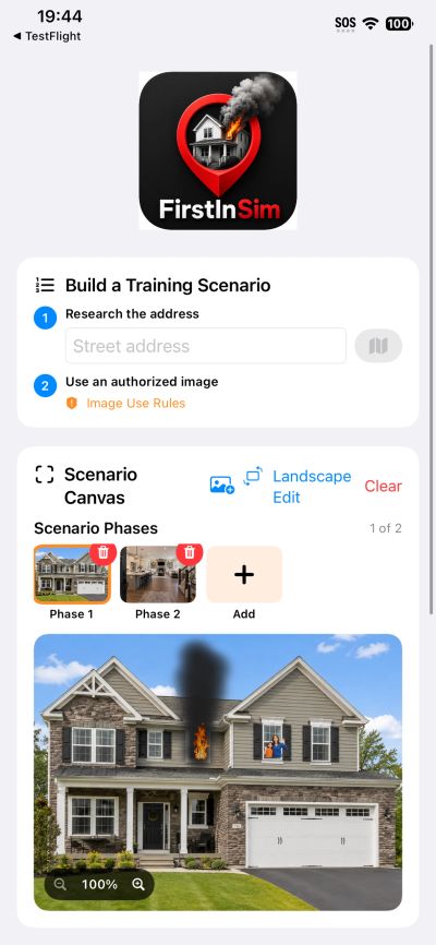 App interface for building fire training scenarios with house images.