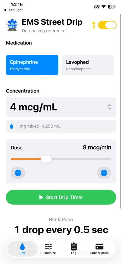 EMS Street Drip app showing epinephrine settings for drip pacing.