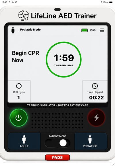 LifeLine AED Trainer in Pediatric Mode showing CPR countdown.