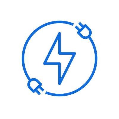 Blue electricity icon with plugs and a lightning bolt.