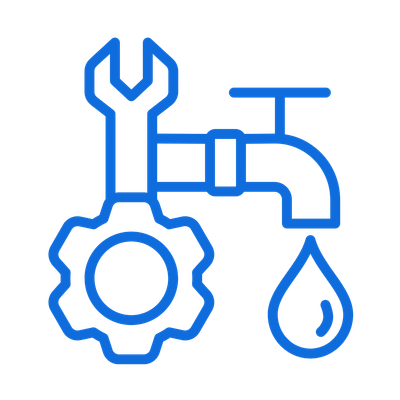 Icon of water tap, gear, and wrench symbolizing plumbing or maintenance.