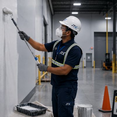 Worker painting a wall with a roller.