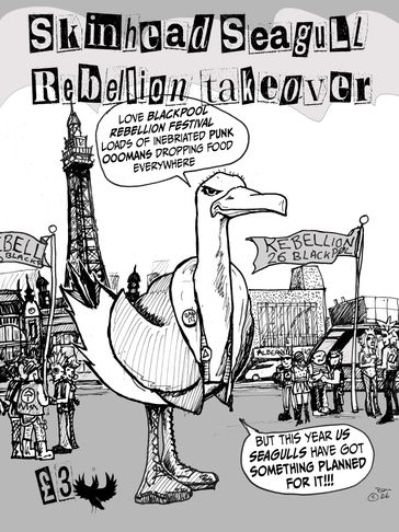 Cartoon seagull leading a rebellion at Blackpool festival.