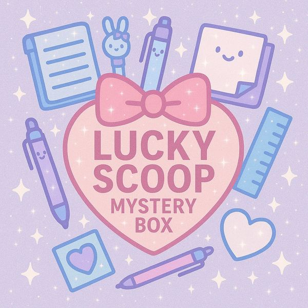 Cute pastel stationery with a heart-shaped Lucky Scoop Mystery Box design.