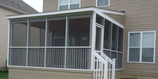 Screen room white trim tan siding