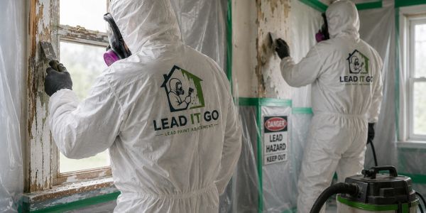 Workers in protective suits removing lead paint indoors.