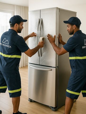 Dois funcionários da Rio MUdança fazendo a embalagem de uma geladeria side by side com três portas.