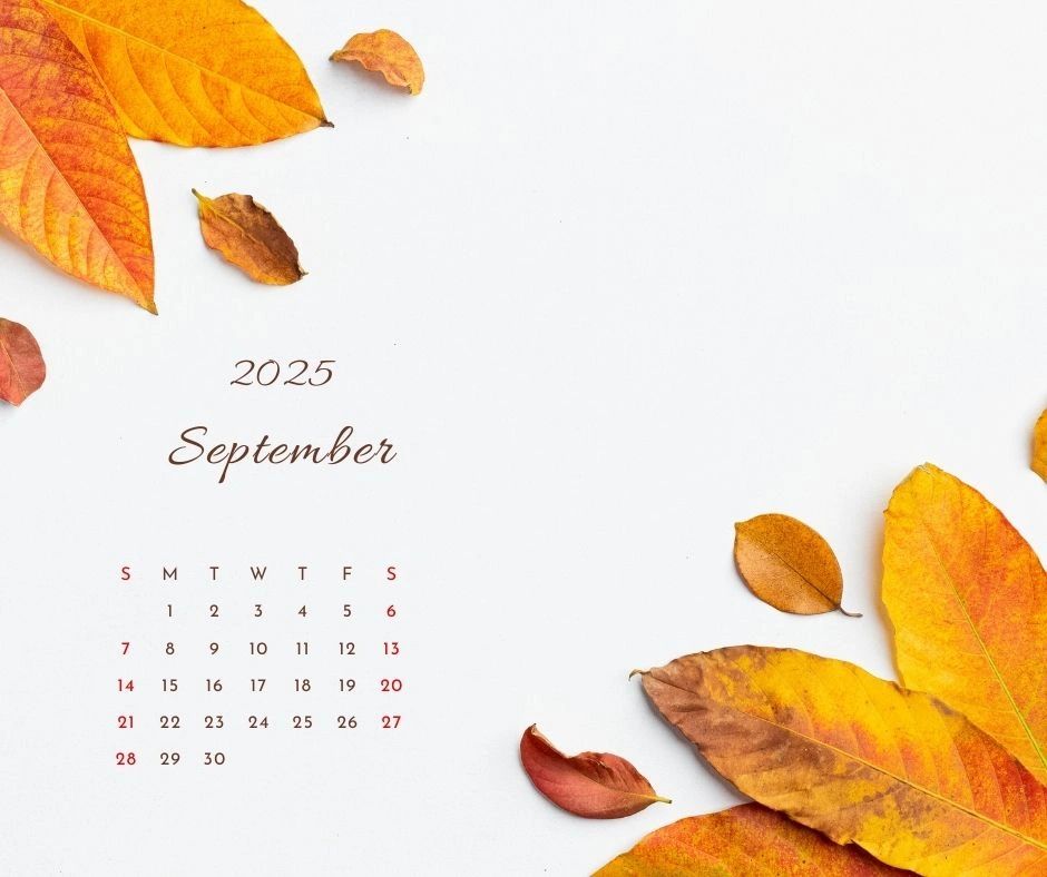 September 2025 calendar with autumn leaves.