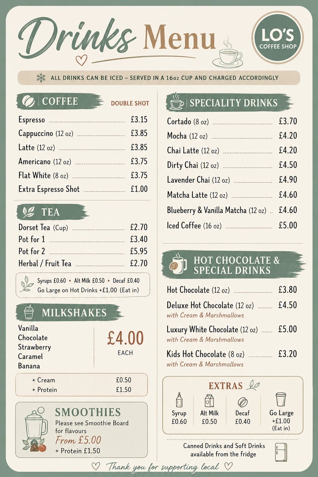 Drinks menu listing coffee, tea, milkshakes, speciality drinks, and hot chocolates with prices.