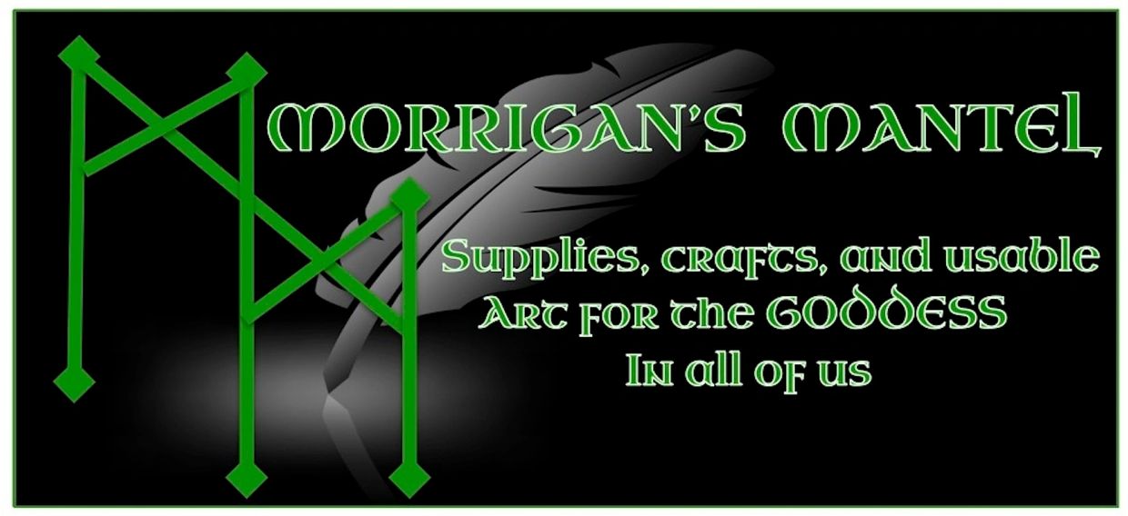 Logo for Morrigan's Mantel, featuring a feather and mystical text.
