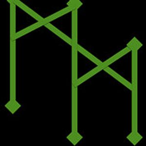 Green geometric lines forming two adjacent 'M' shapes on black background.