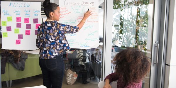 Two women working on flip charts affixed to a wall in a conference room.