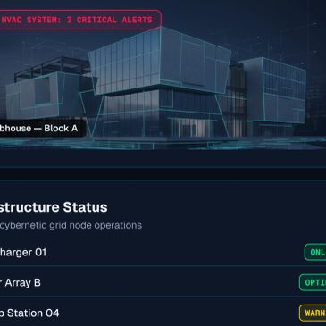 Cybernetic grid node status for Block A with critical HVAC alerts.