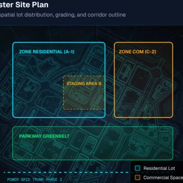 Master site plan showing zones and staging area.